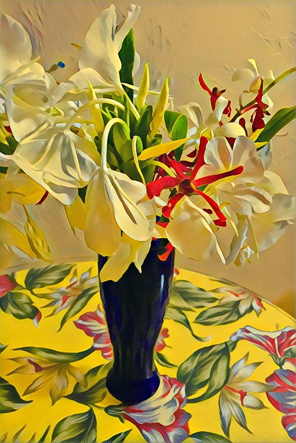 Aloha Bouquet of the Day - White Gingert with Red Orchids - a New Hue Photograph by Joalene Young
