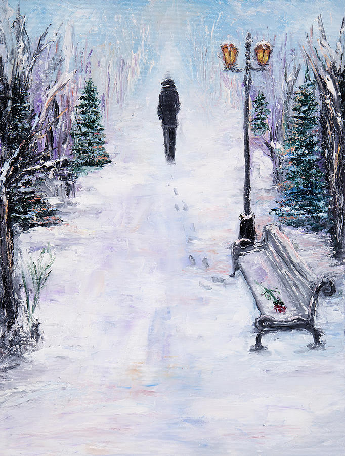 Winter Painting - Alone in park by Boyan Dimitrov