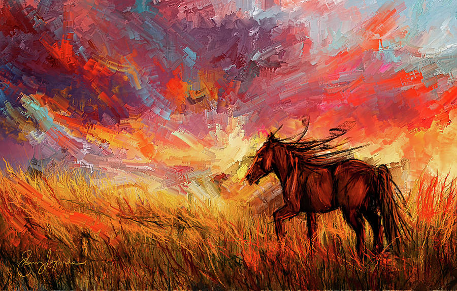 Alone In The Range - Horse At Sunset Painting by Lourry Legarde