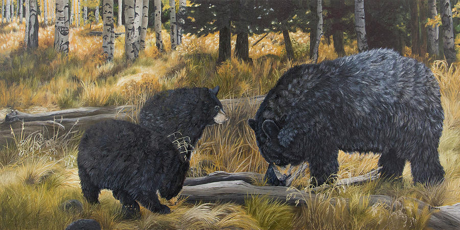 Along An Autumn Path - Black Bear with Cubs Painting by Johanna Lerwick