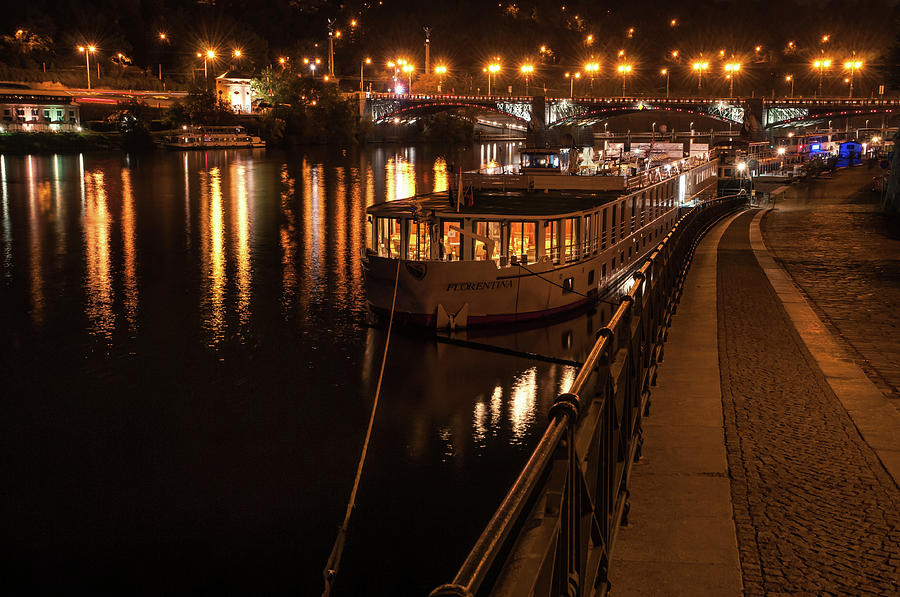 Along Quay of River Vltava. Night Prague Photograph by Jenny Rainbow