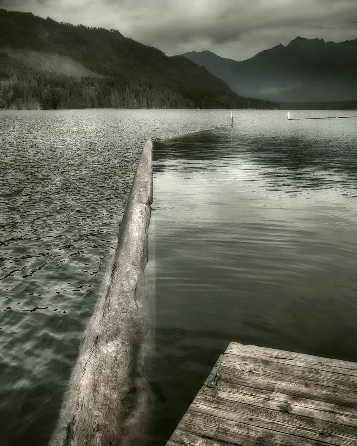 Along the Washington Coast - Dock, Breakwater, and Mountains Photograph by Mitch Spence