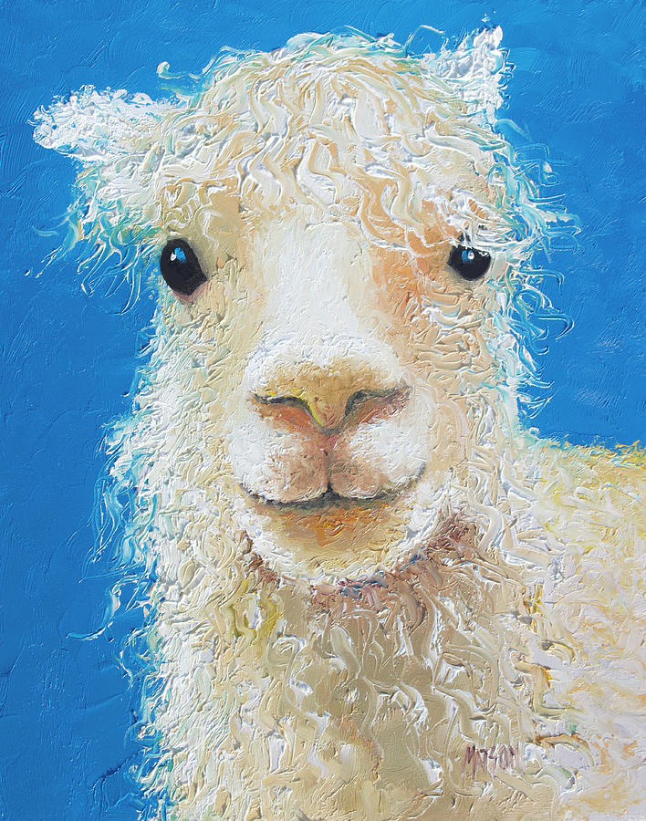 Alpaca on blue background Painting by Jan Matson