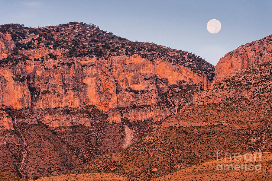 Nature Photograph - Alpenglow and Full Moon Over Guadalupe Mountains National Park - Culberson County West Texas by Silvio Ligutti
