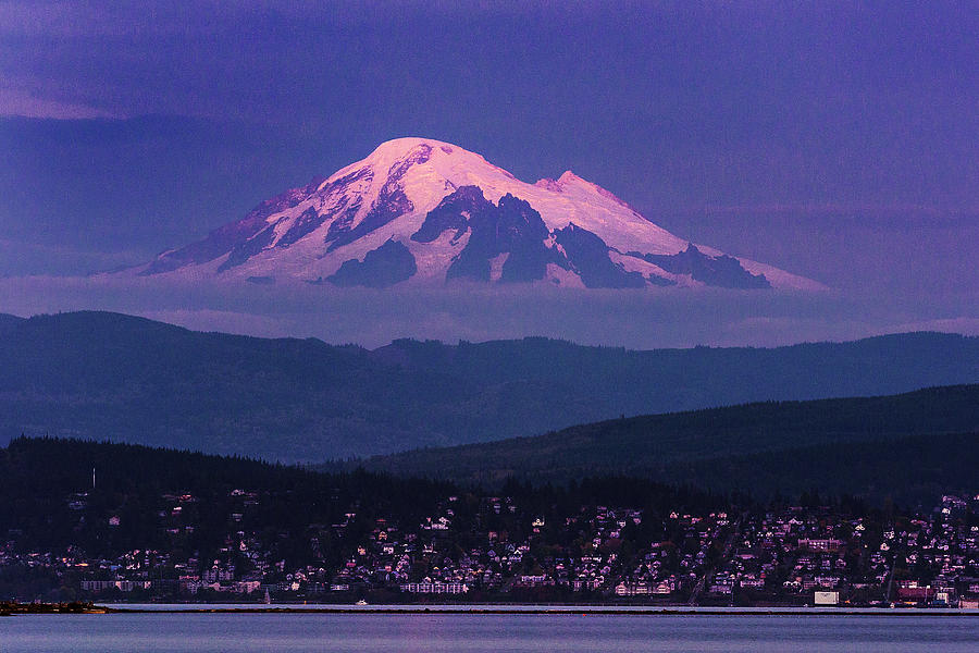 Sunset Photograph - Alpenglow on Mount Baker over Bellingham, Wash. by Paul Conrad