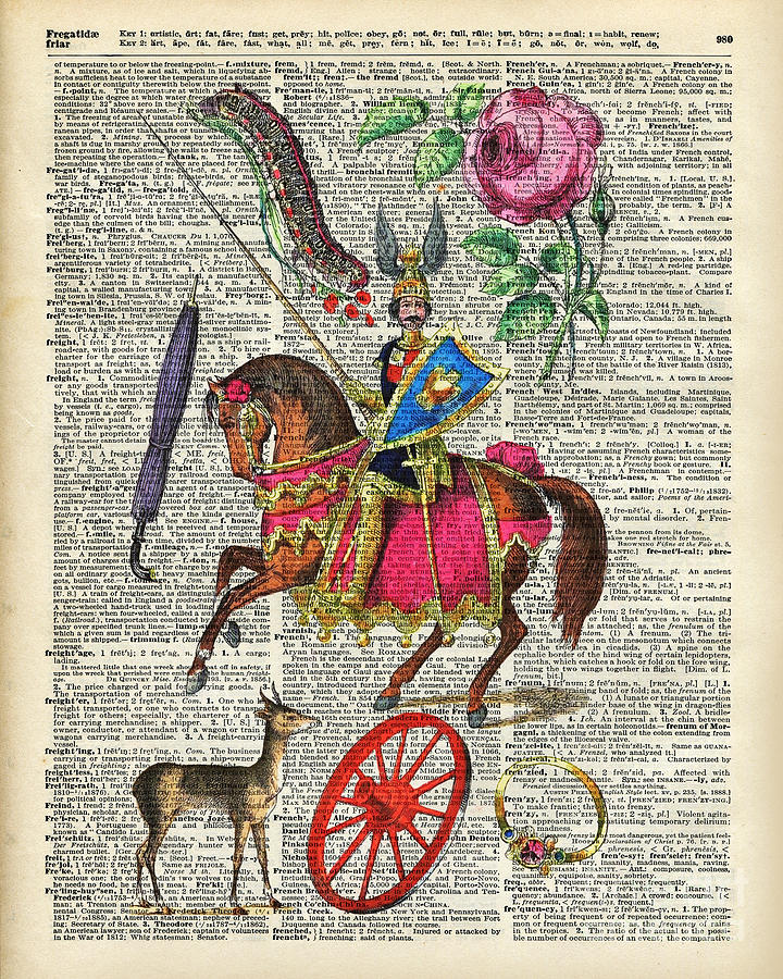 Knight Drawing - Alphabet Book illustration Over Old Dictionary Book Page by Anna W