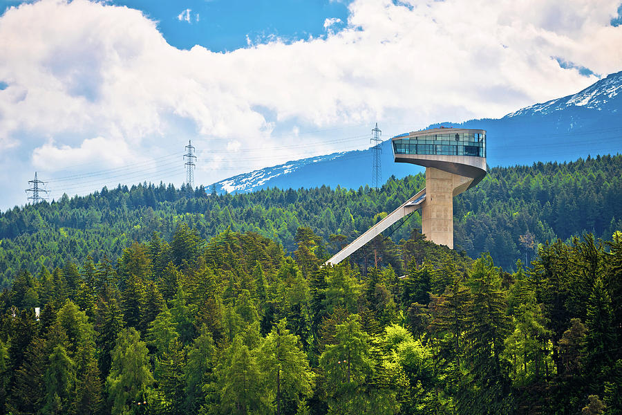 Alpine hills of Insbruck and olympic ski jump tower view Photograph by Brch Photography