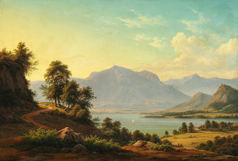 Alpine Landscape with a River and Tall Mountains Painting by Christian Kiaerskou