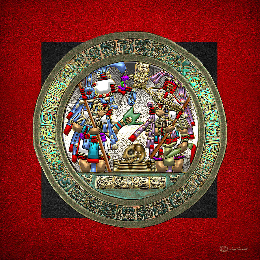 Altar 5 from Tikal - Mayan Nobles Performing a Ritual - on Black and Red Leather  Digital Art by Serge Averbukh
