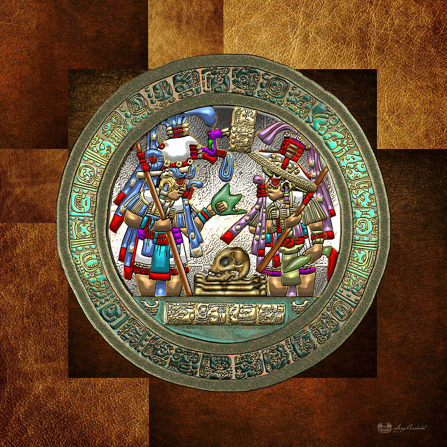 Altar 5 from Tikal - Mayan Nobles Performing a Ritual - on Brown Leather  Digital Art by Serge Averbukh