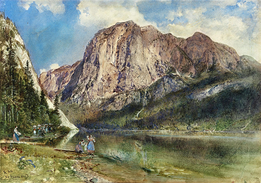 Altaussee Lake and Face of Mount Trissel  Drawing by Rudolf von Alt