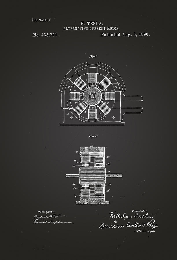 Alternating Current Motor Nikola Tesla Patent Drawing from 1890