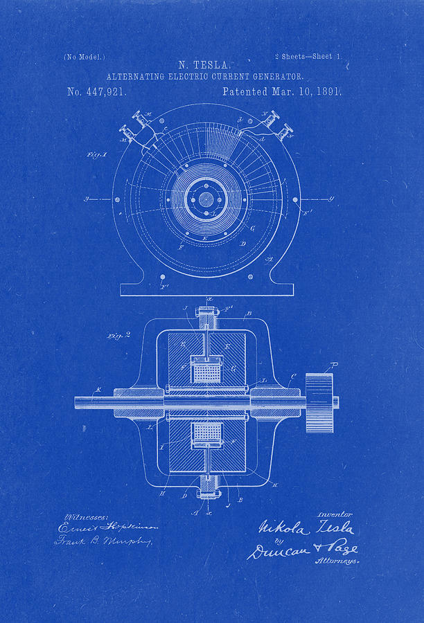 Alternating Electric Current Generator - Nikola Tesla Patent Drawing ...