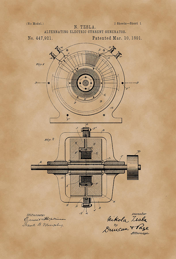 Alternating Electric Current Generator - Nikola Tesla Patent Drawing ...