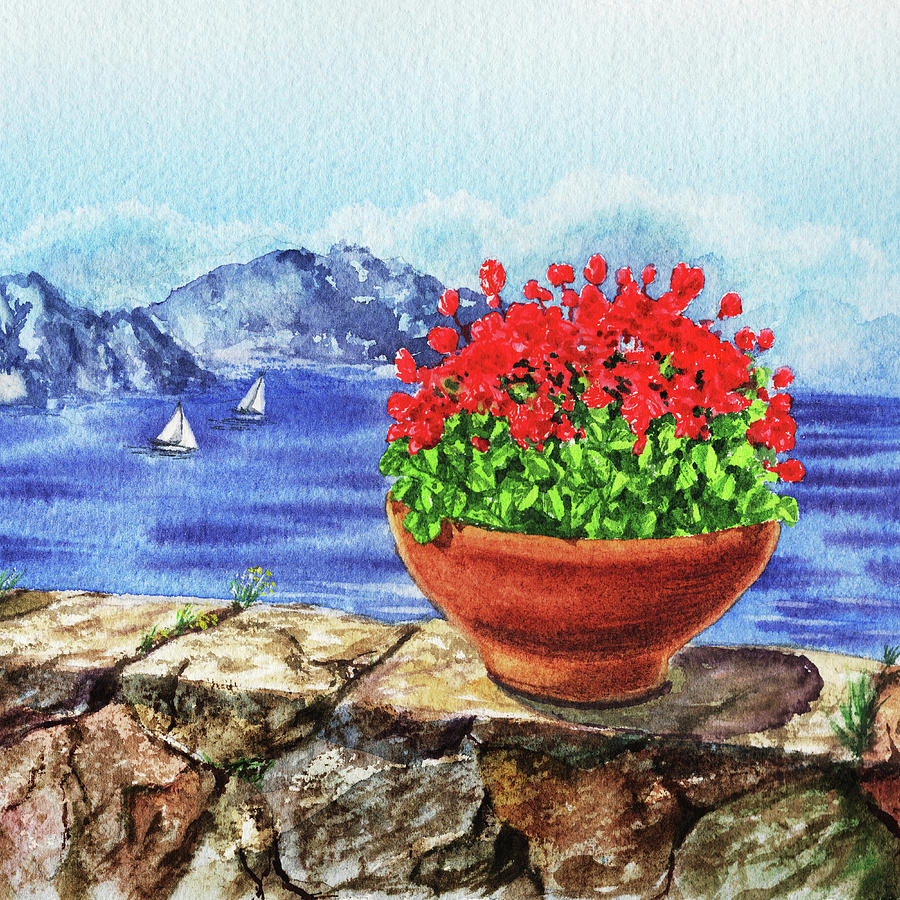 Amalfi Coast Flowers Watercolor Anacapri Island Painting