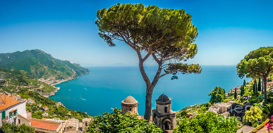 Amalfi Coast from Villa Rufolo gardens in Ravello, Campania, Italy ...