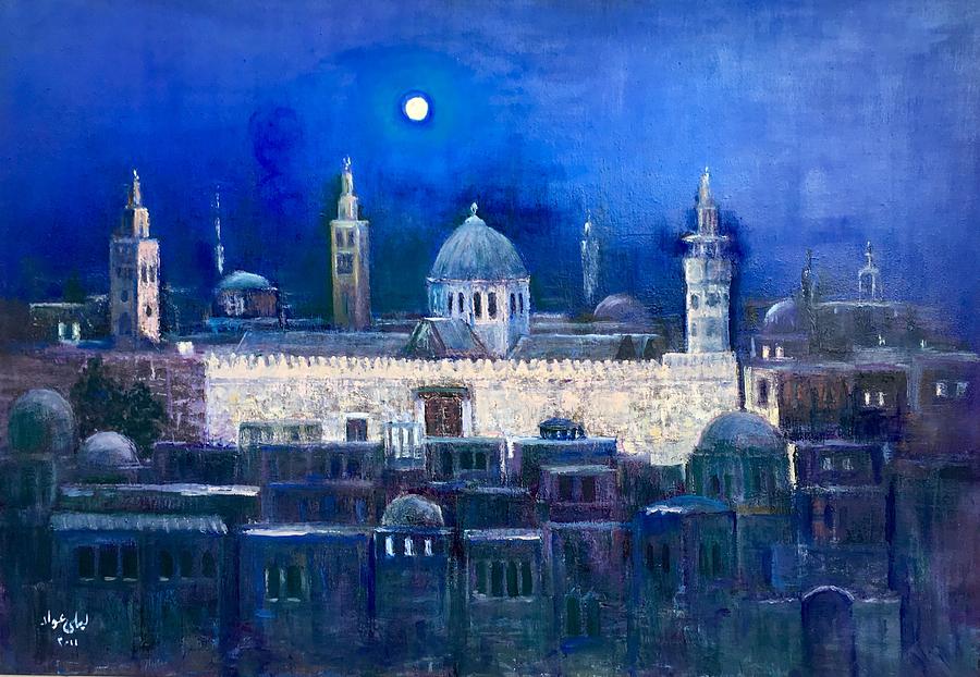 Amawee Mosque at Night Painting by Laila Awad Jamaleldin