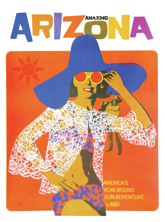 Vintage Painting - Amazing Arizona, girl with big blue hat, travel poster by Long Shot