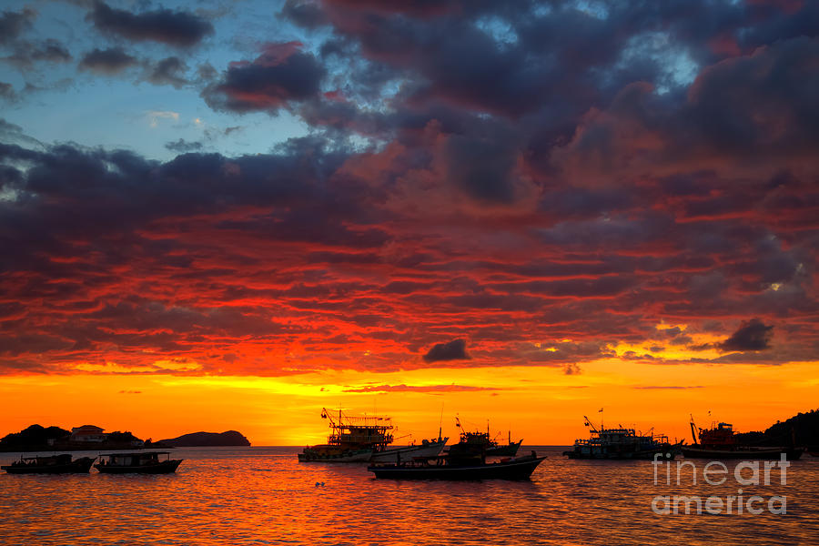 Sunset Photograph - Amazing tropical sunset on Kota Kinabalu bay by Fototrav Print