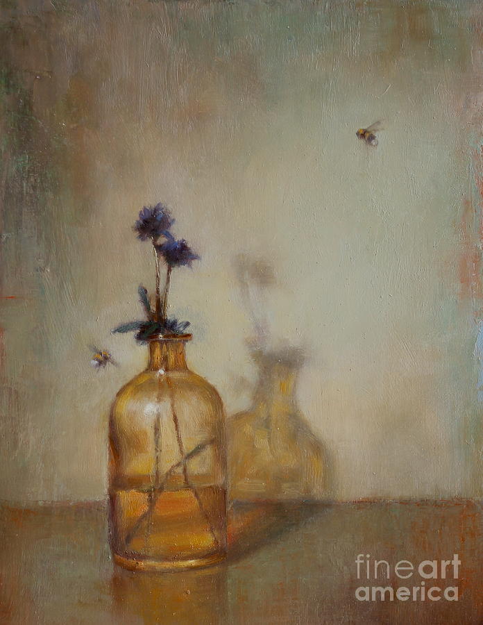 Still Life Painting - Amber Bottle and Bees  by Lori  McNee