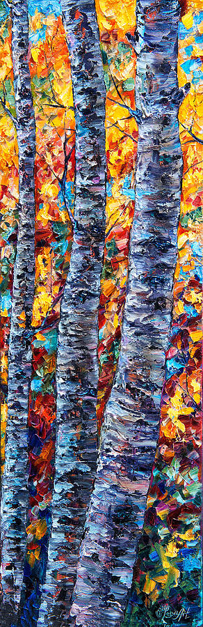 Aspen Trunks Painting - Amber Forest by Lena Owens - OLena Art Vibrant Palette Knife and Graphic Design