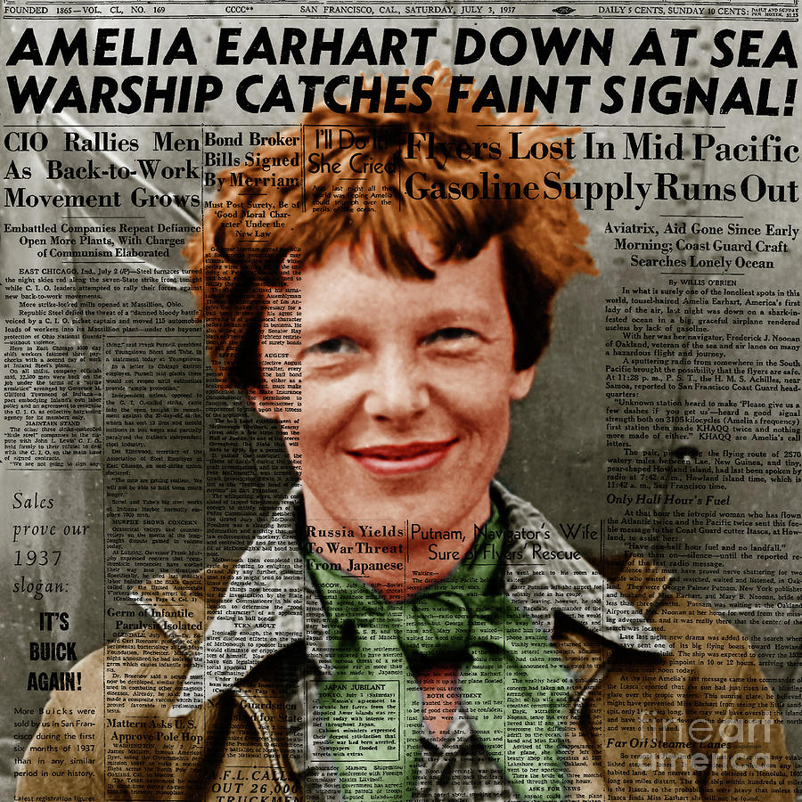 Celebrity Photograph - Amelia Earhart American Aviation Pioneer Colorized 20170525 Square With Newspaper by Wingsdomain Art and Photography