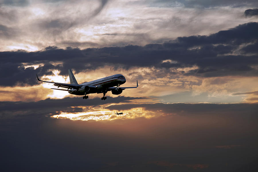Transportation Photograph - American aircraft landing at the twilight. Miami. FL. USA by Juan Carlos Ferro Duque