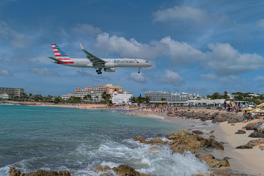 Sunset Photograph - American Airlines landing at St. Maarten airport by David Gleeson