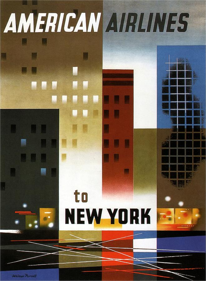 American Airlines to New York - Abstract Geometric Vintage Poster Painting by Studio Grafiikka