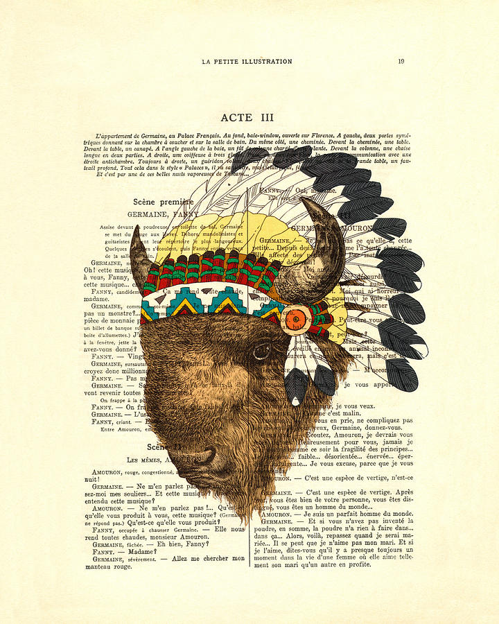 Vintage Digital Art - American Bison - Buffalo With Indian Headdress by Madame Memento