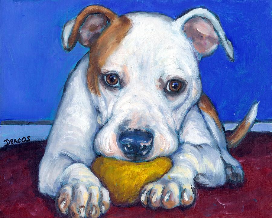 Dog Painting - American Bulldog with Yellow Ball by Dottie Dracos