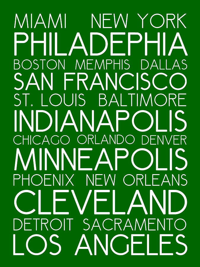 American Cities In Bus Roll Destination Map Style Poster - Green Digital Art