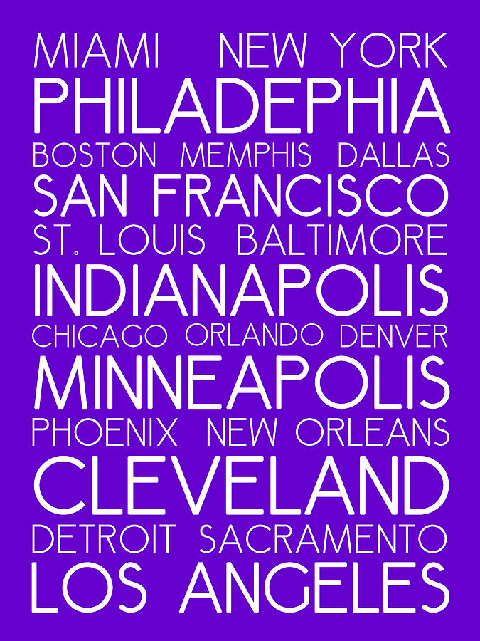 American Cities In Bus Roll Destination Map Style Poster - Purple Digital Art