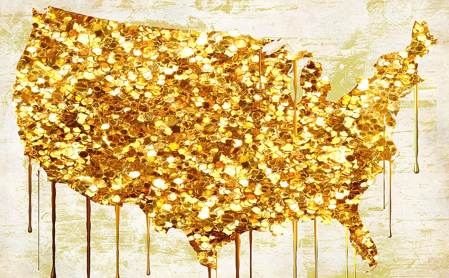 Usa Painting - Glitter Gold American Map by Mindy Sommers