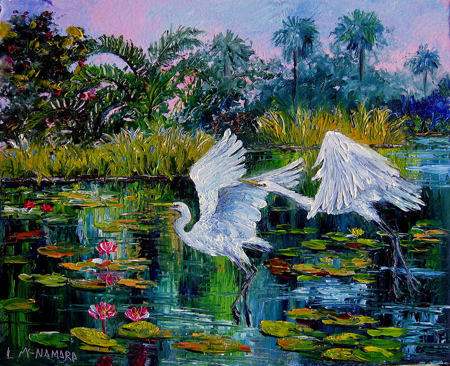 American Egrets Painting by Lenore McNamara