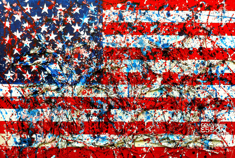 Tree Painting - American Flag abstract With Trees by Genevieve Esson