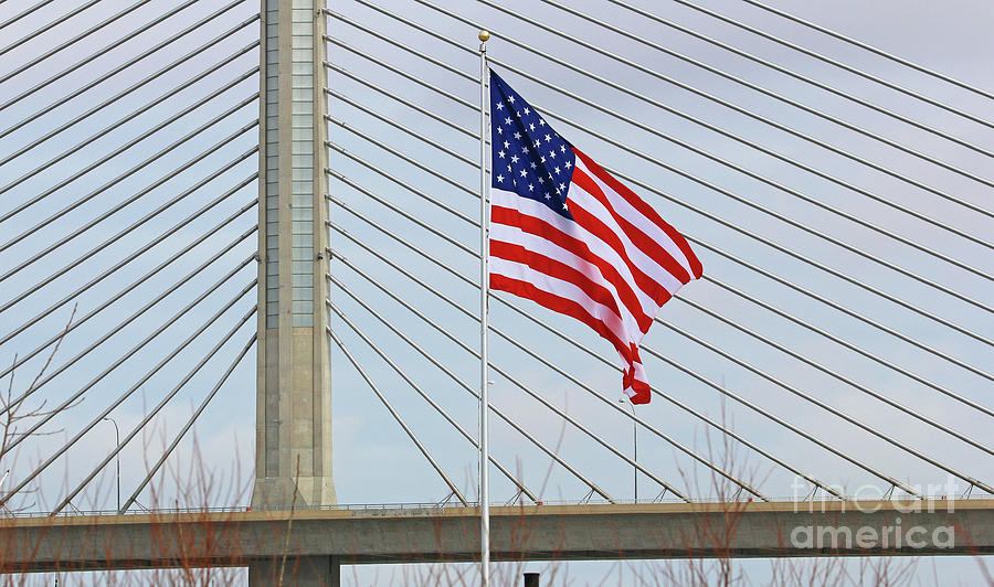 American Flag Against Veterans Memorial Bridge Toledo Ohio 9910 Photograph by Jack Schultz