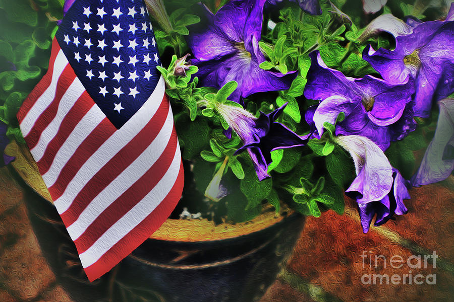 American Flag and Petunias Photograph by Sandy Moulder