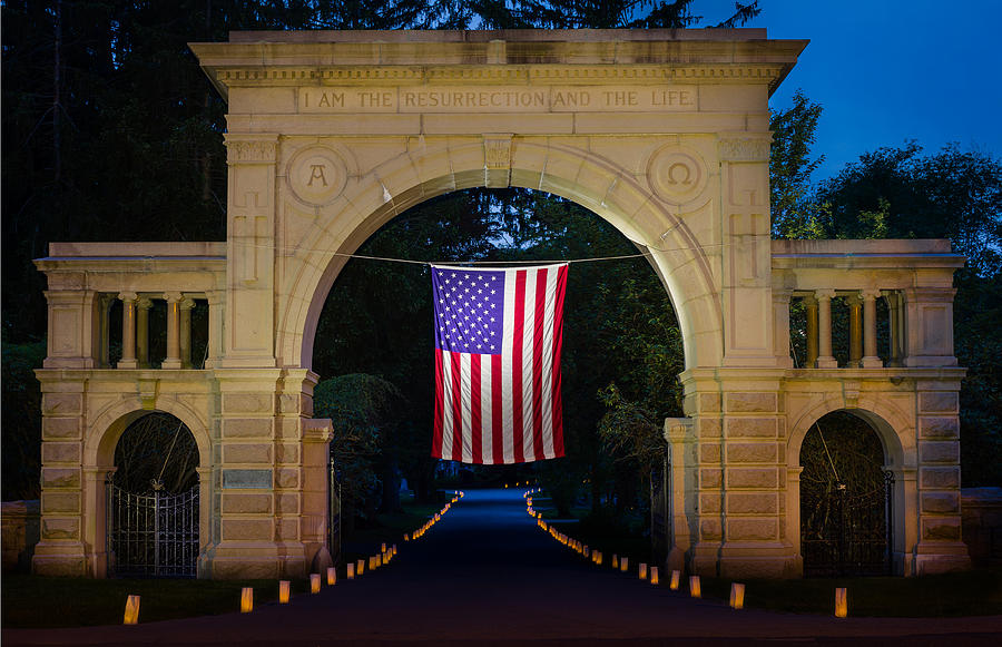 American Flag at Cemetery Gates - Mystic CT Photograph by Kirkodd Photography Of New England