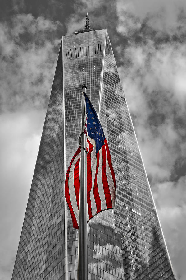 American Flag At World Trade Center WTC BW Photograph by Susan Candelario
