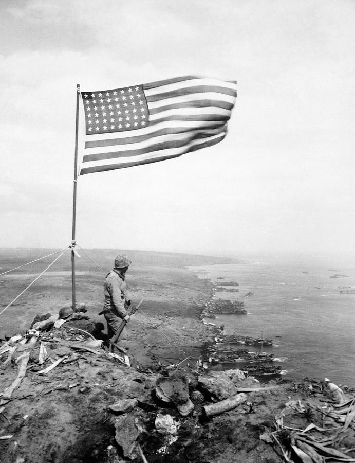 American Flag Flying Over Mount Suribachi - WWII Photograph by War Is Hell Store