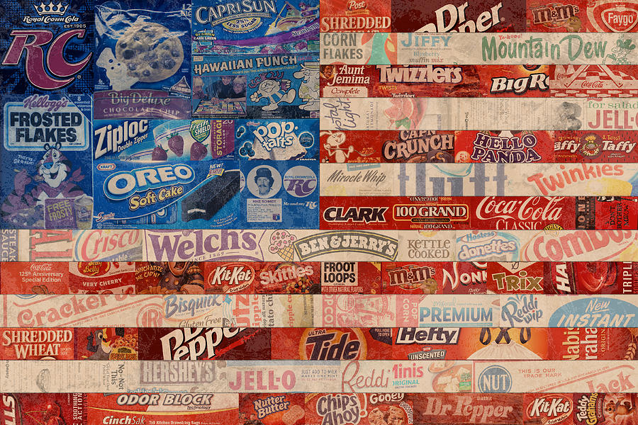 Vintage Mixed Media - American Flag - Made From Vintage Recycled Pop Culture USA Paper Product Wrappers by Design Turnpike