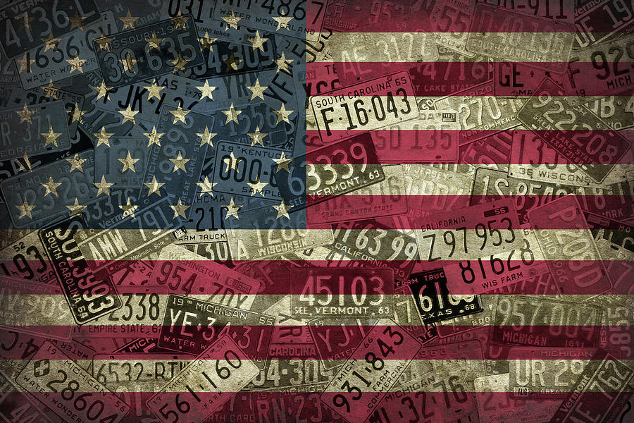 Vintage Mixed Media - American Flag Vintage Assorted License Plate Art by Design Turnpike
