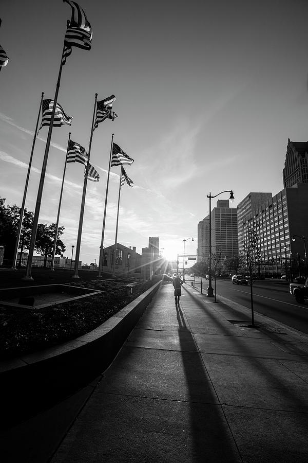 American Flags Detroit Black and White  Photograph by John McGraw