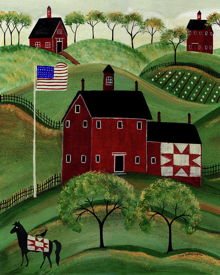 American Folk Art Red Quilt Horse Barn Painting by Cheryl Bartley - Pixels