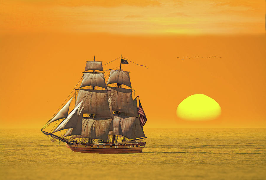 American Frigate Sails at Sunset Digital Art by Glenn Holbrook