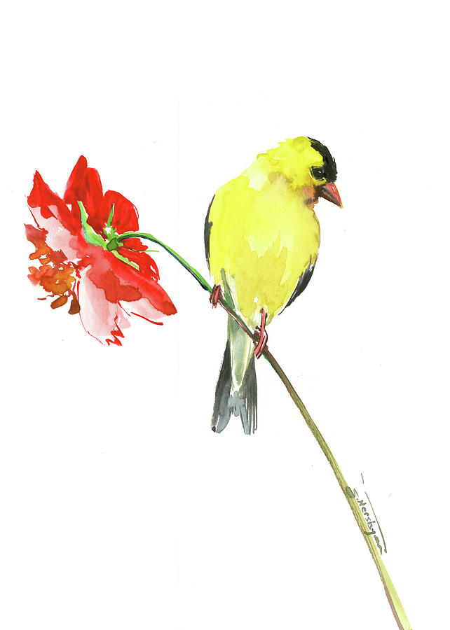 American Goldfinch and Red Flowers Painting by Suren Nersisyan