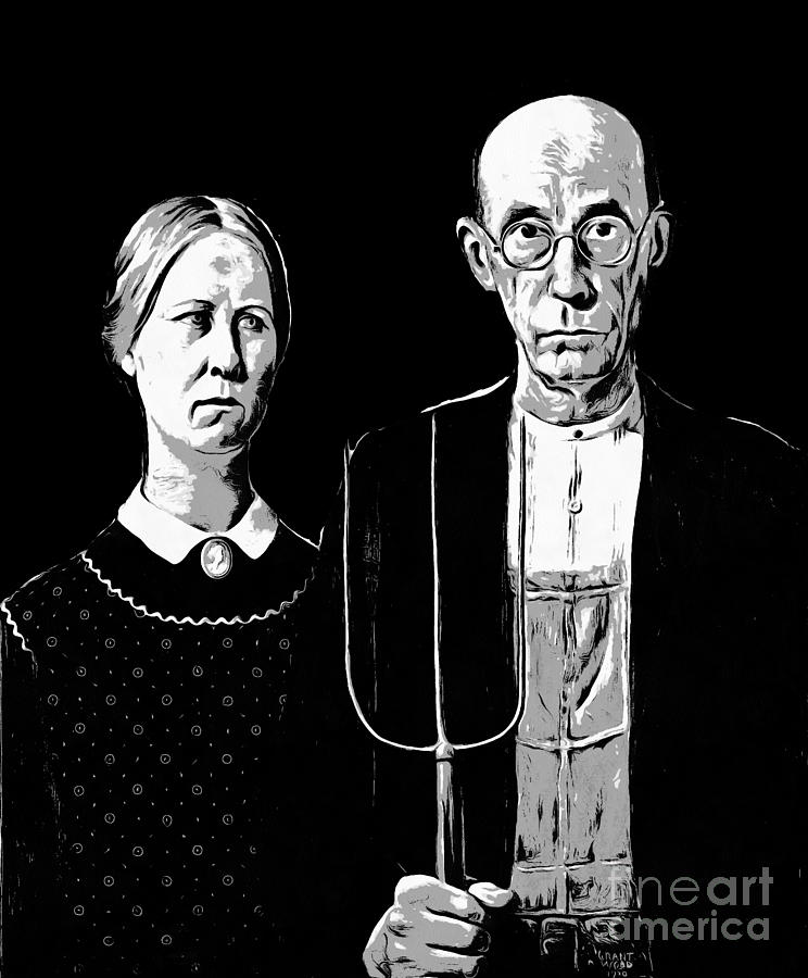 Clothing Digital Art - American Gothic Graphic Grant Wood Black White tee by Edward Fielding