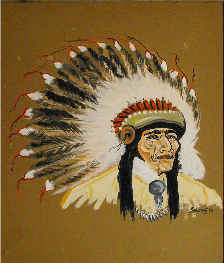 American Indian Chief portrait Painting by Schwartz