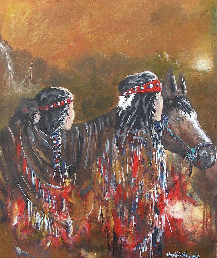 American Indians Family Painting by Miroslaw  Chelchowski
